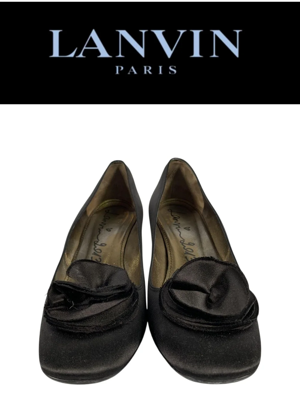 Lanvin Paris Black Satin Rosette Bow Pumps Chunky Block Heel Size 41 Authentic